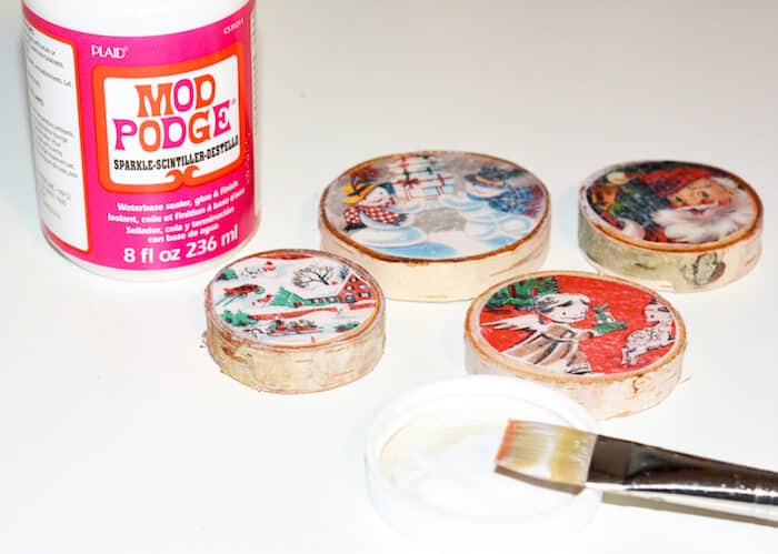 Bottle of Mod Podge sparkle, Christmas magnets on wood slices, and a paintbrush