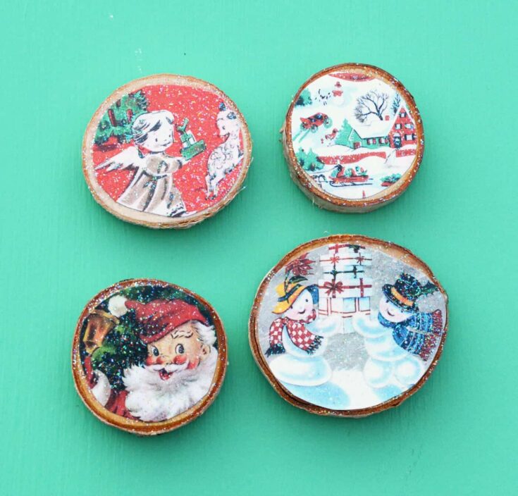 Wood Slice Vintage Christmas Magnets From Cards