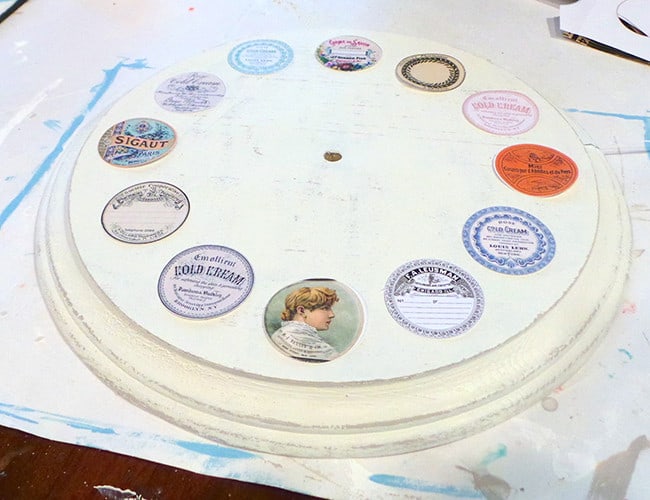 Vintage labels on the front of a DIY wall clock