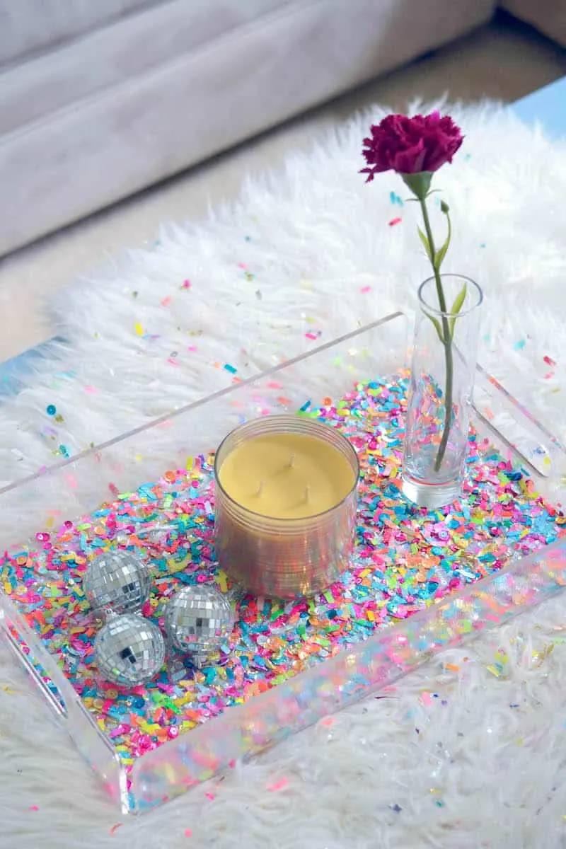 DIY confetti tray with a candle in the center