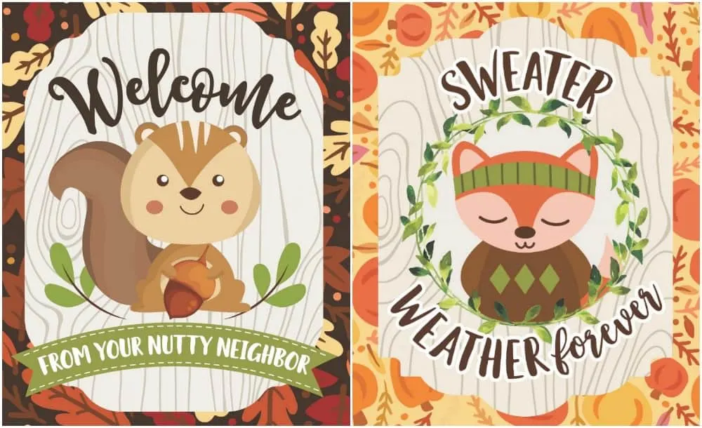 Stickers that say "welcome from your nutty neighbor" and "sweater weather forever"