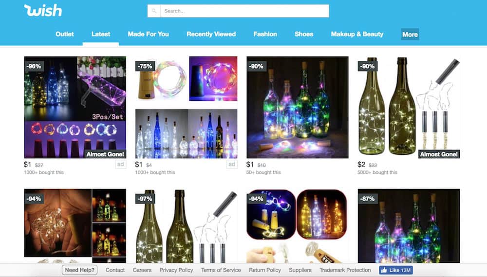 Wish.com search results for wine bottle lights
