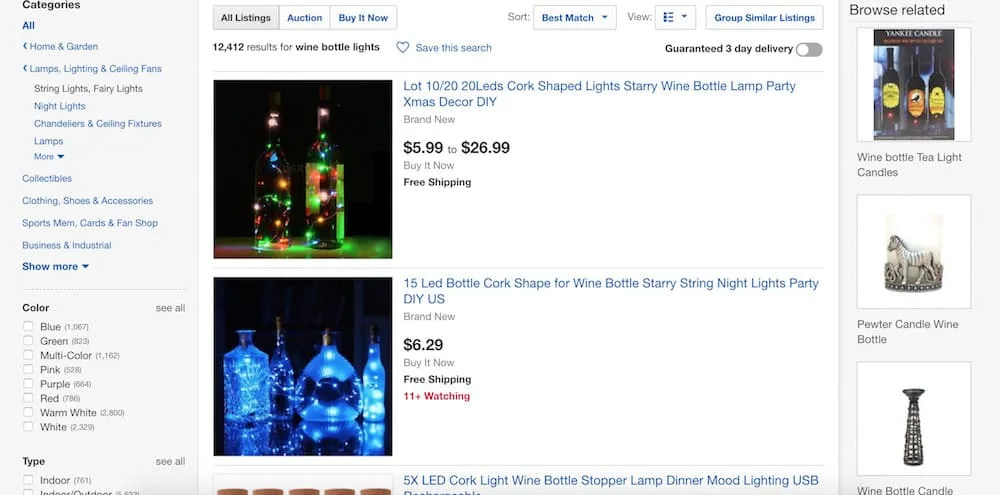 eBay search results for wine bottle lights