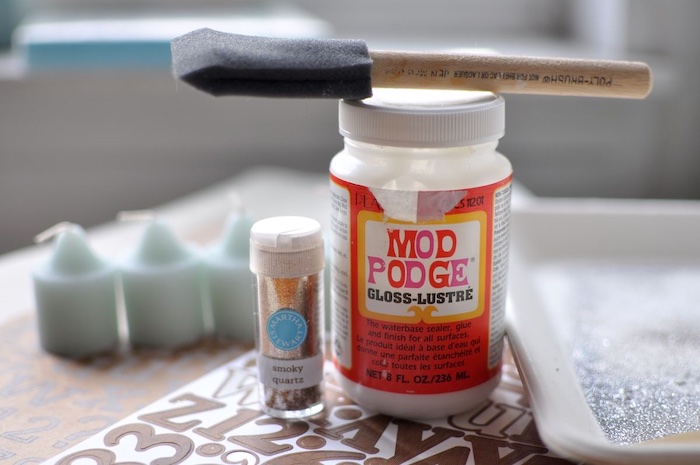 Mod Podge adhesive letters glitter and a paintbrush