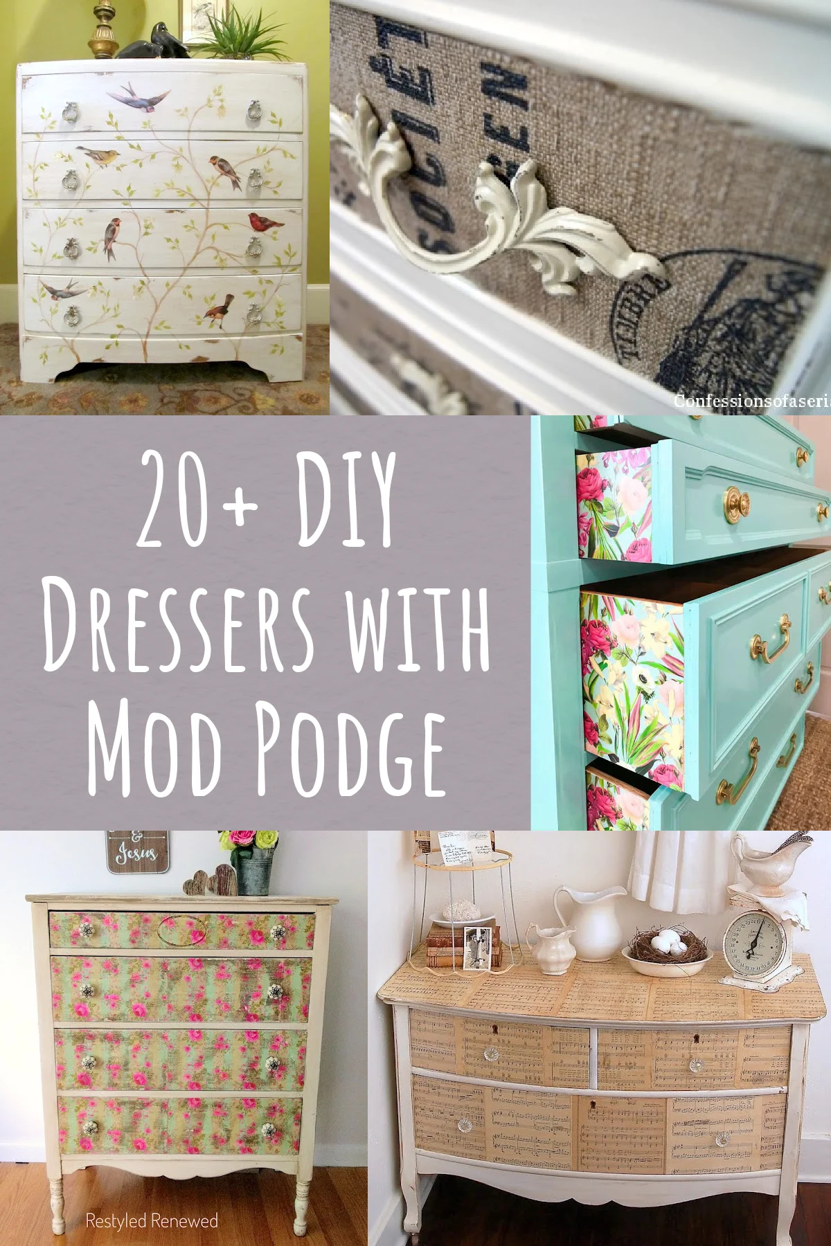 Cover the top of an old dresser with shelf paper and modge podge