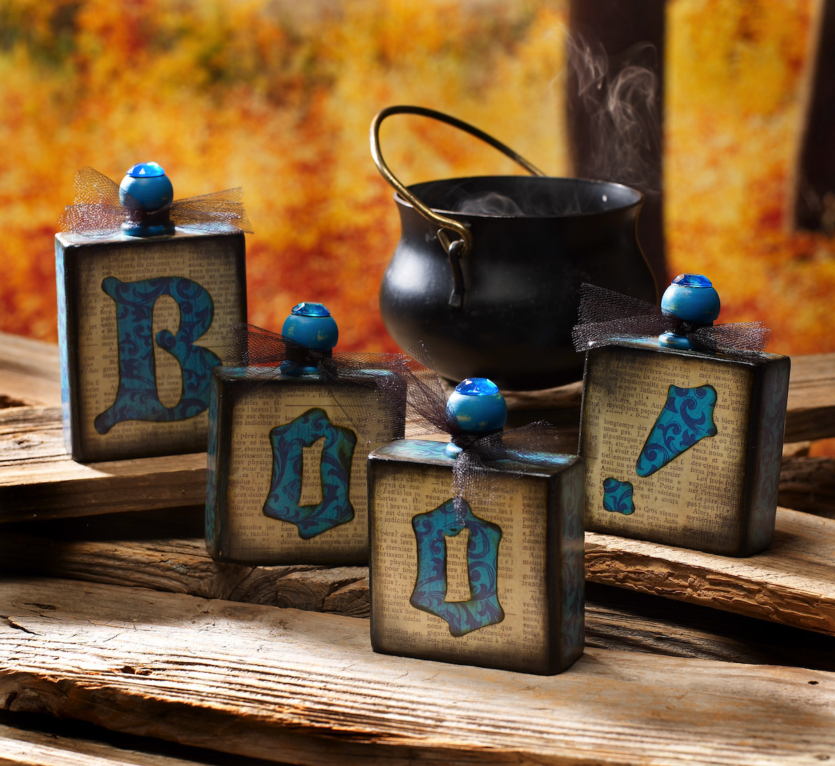 BOO Potion wood blocks for Halloween decor made with Mod Podge