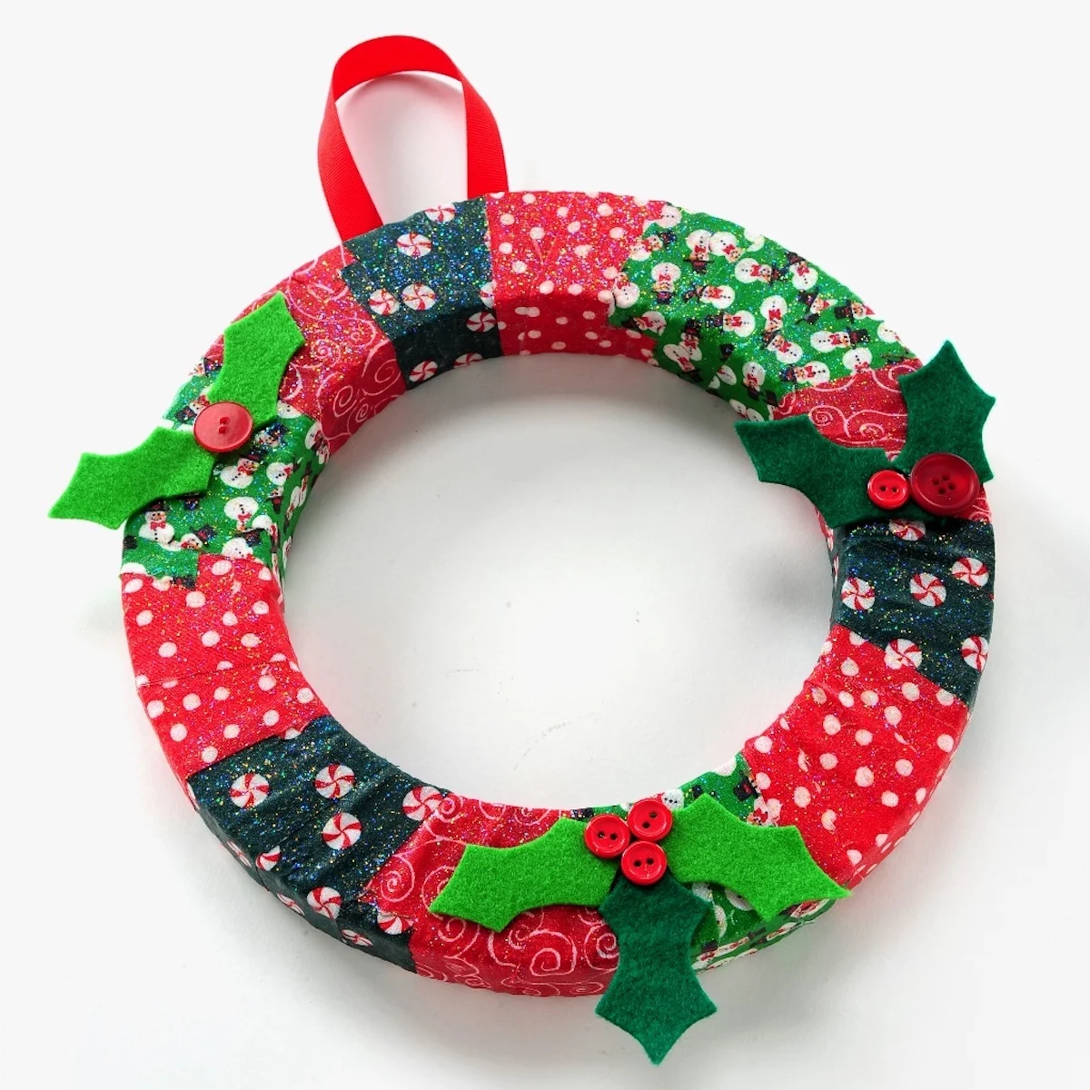 Christmas wreath made with fabric strips and a foam form