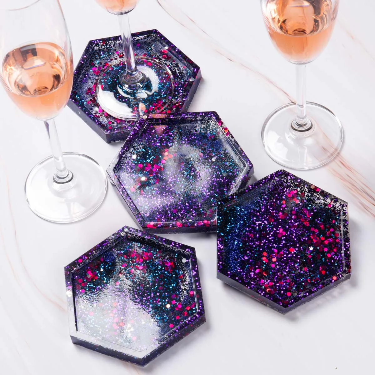 Purple glitter galaxy resin coasters