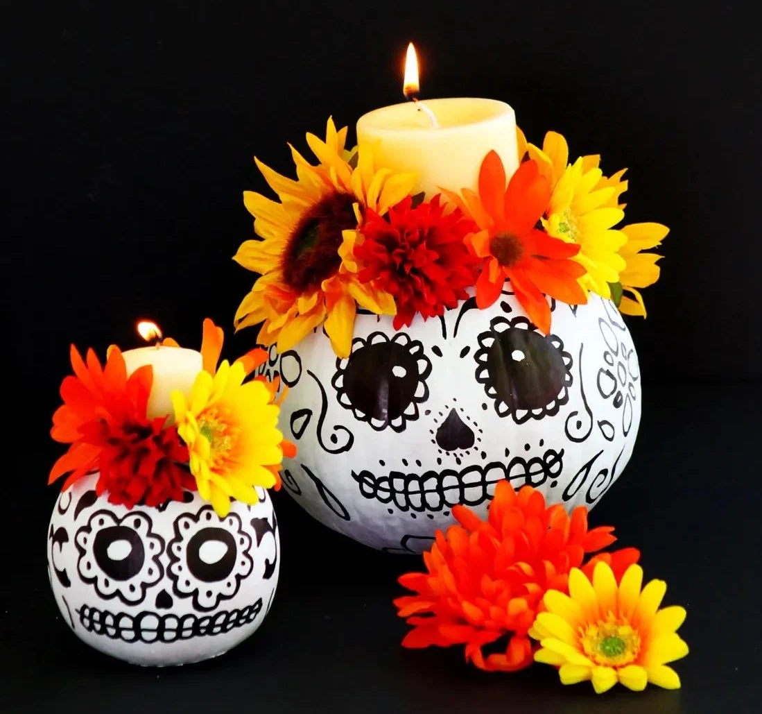 Day of the Dead Skull Pumpkin Candle Holders