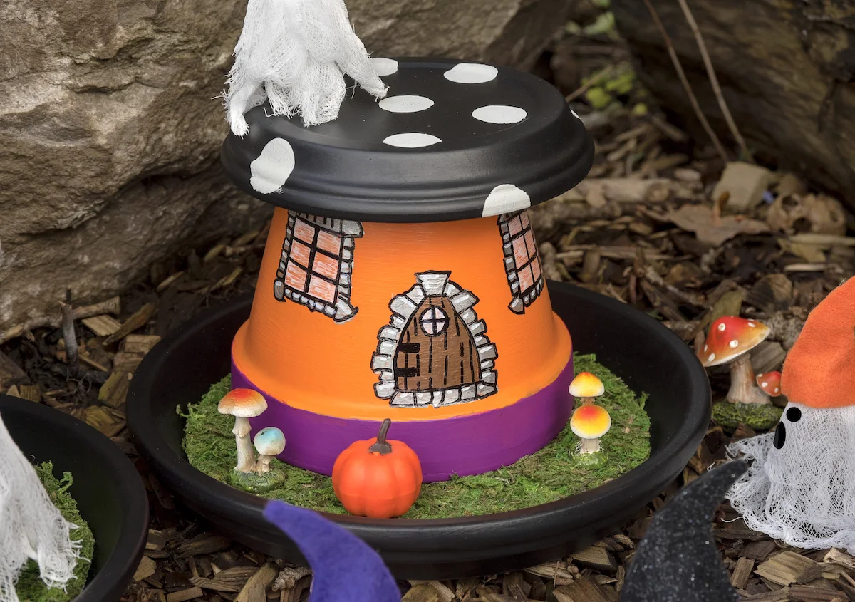 Halloween fairy garden house made from clay pots