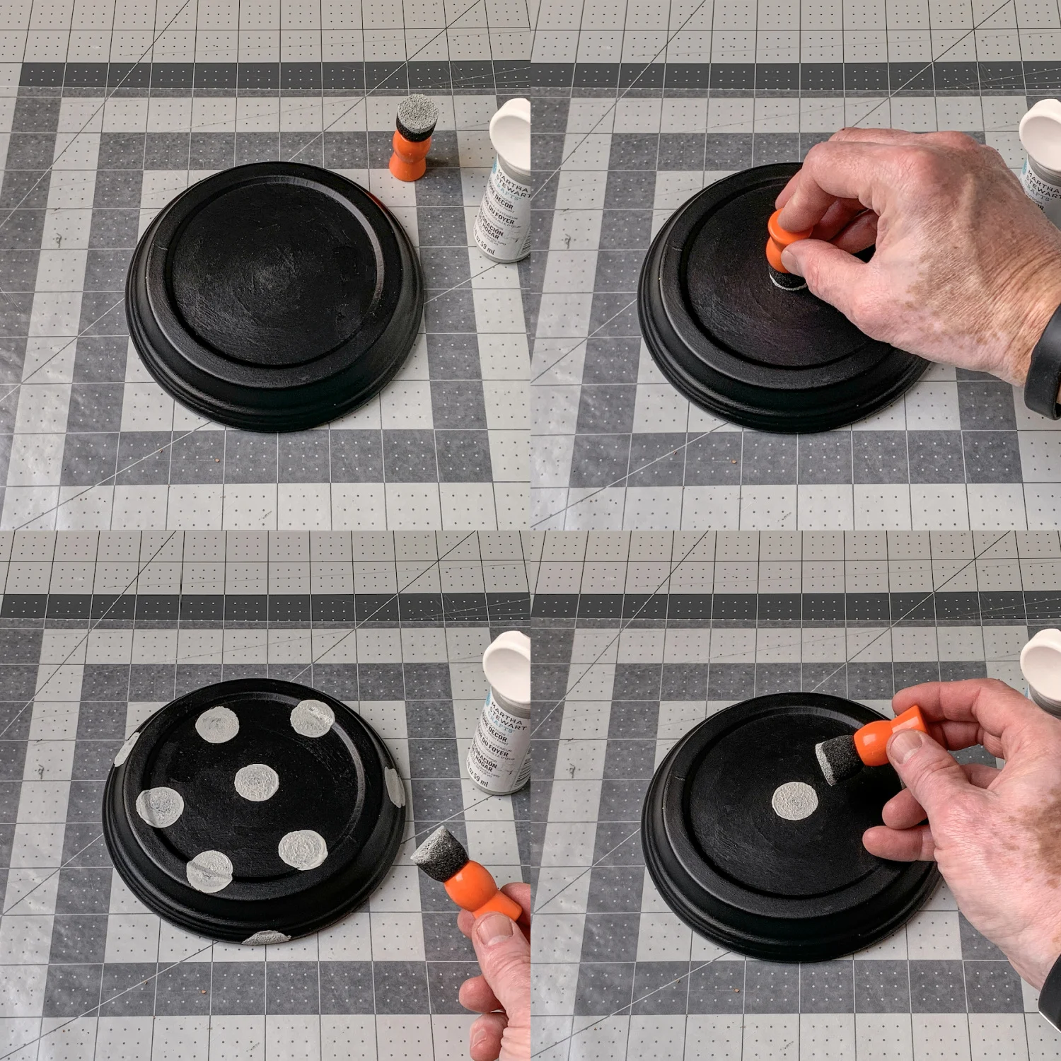 Painting gray dots onto a painted black plant saucer