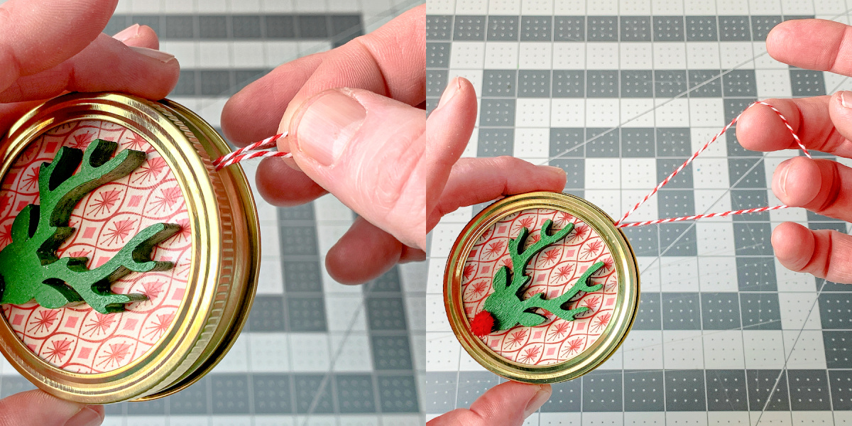 Attaching baker's twine to a mason jar lid ornament for a hanger