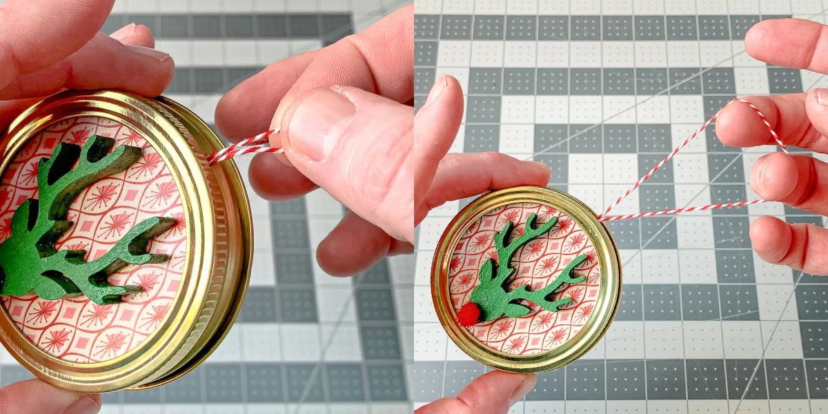 Attaching baker's twine to a mason jar lid ornament for a hanger