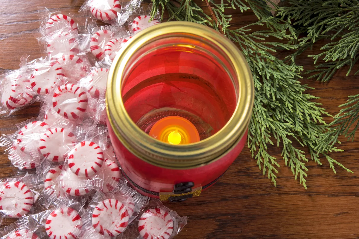 LED candle in a santa mason jar