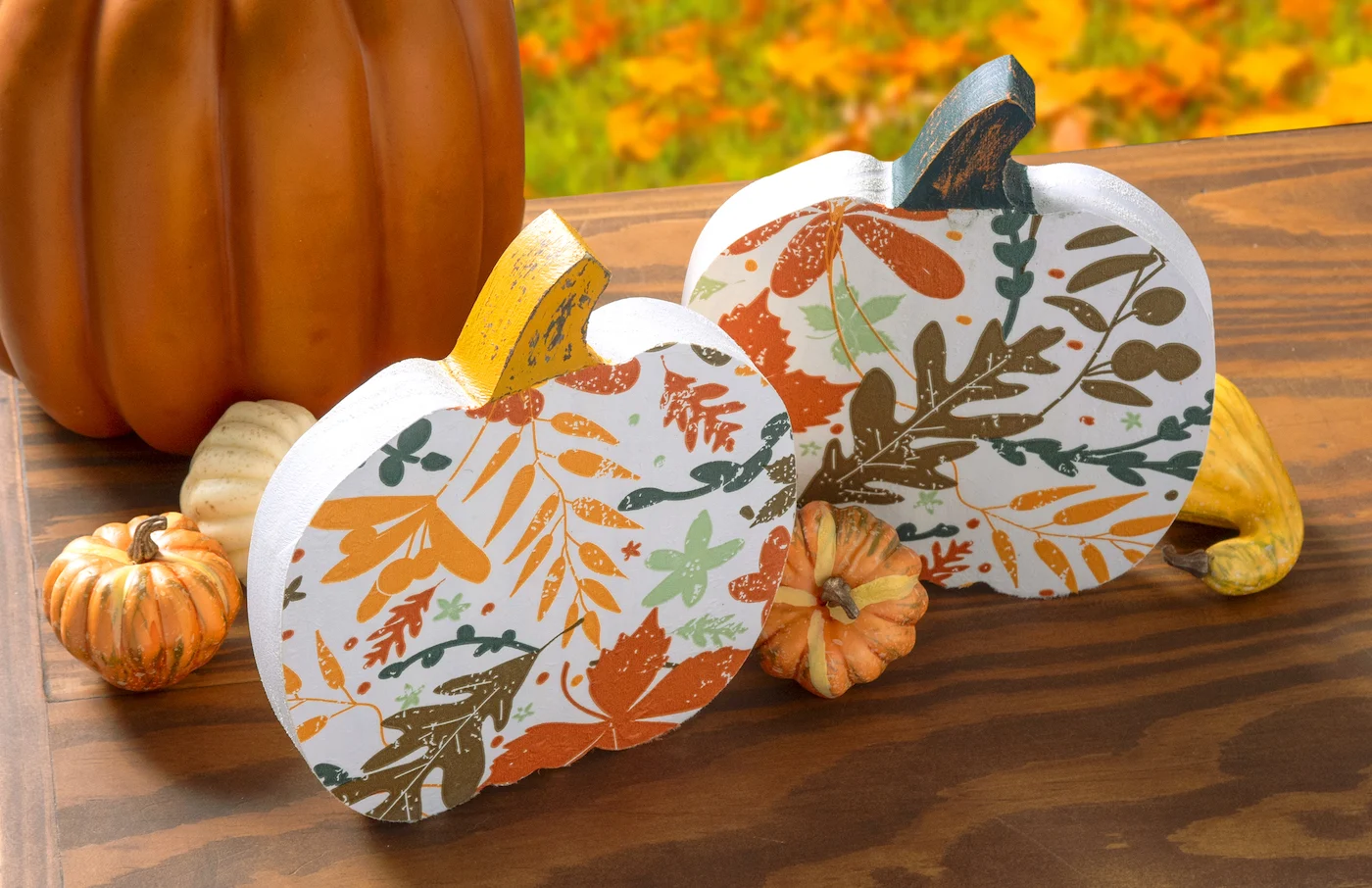 DIY wood pumpkins decorated for fall