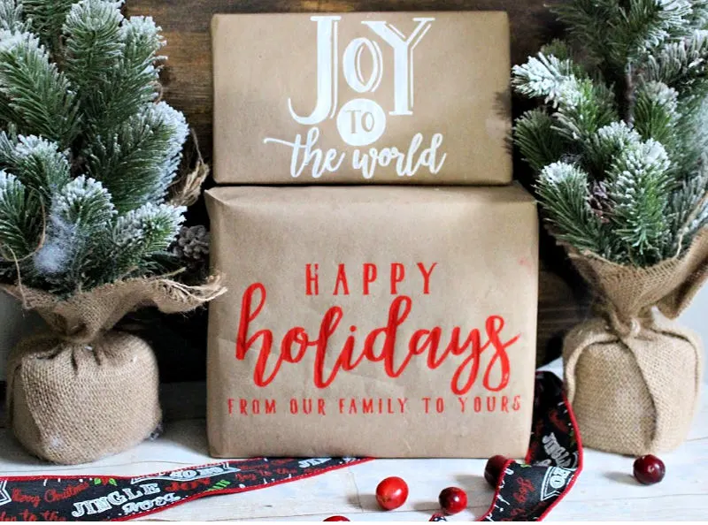 Use Chalk Couture transfers to add holidays sayings to wrap