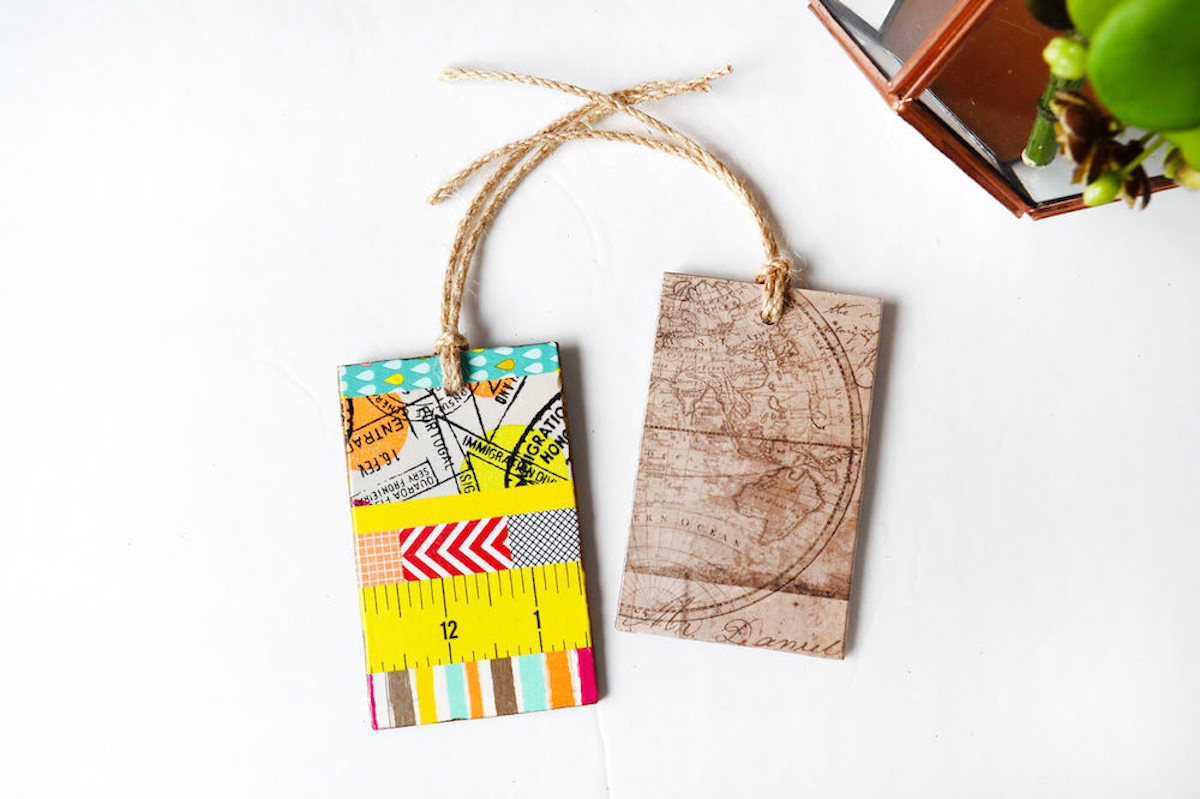 DIY luggage tags made with MDF and scrapbook paper