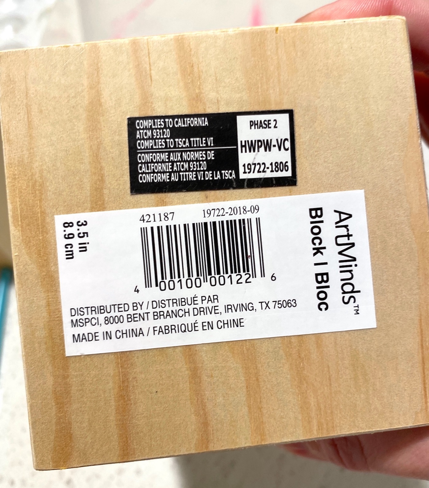 Labels on the bottom of a wood block