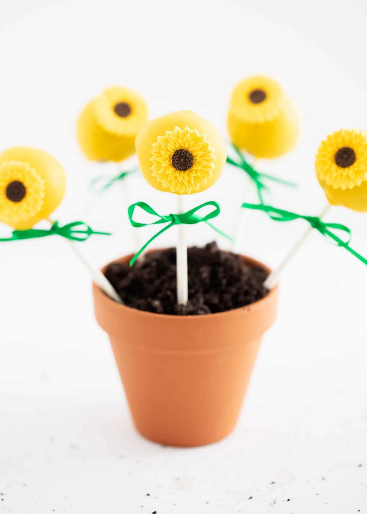 sunflower cake pop bouquet in a terra cotta pot stand