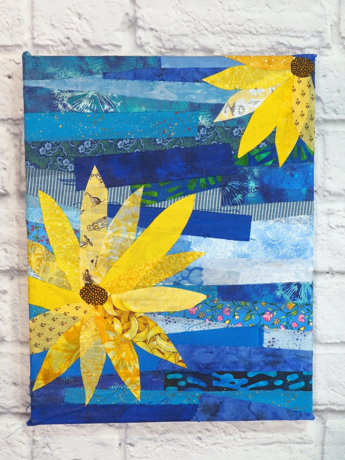 blue decoupage fabric collage art