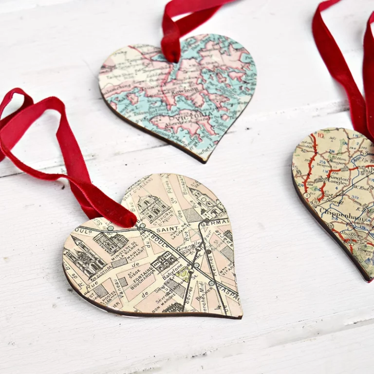 wood heart map ornaments