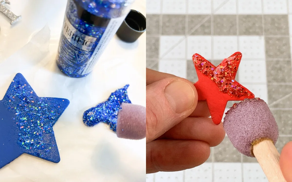 painting the stars with bright blue and bright red glitter paints