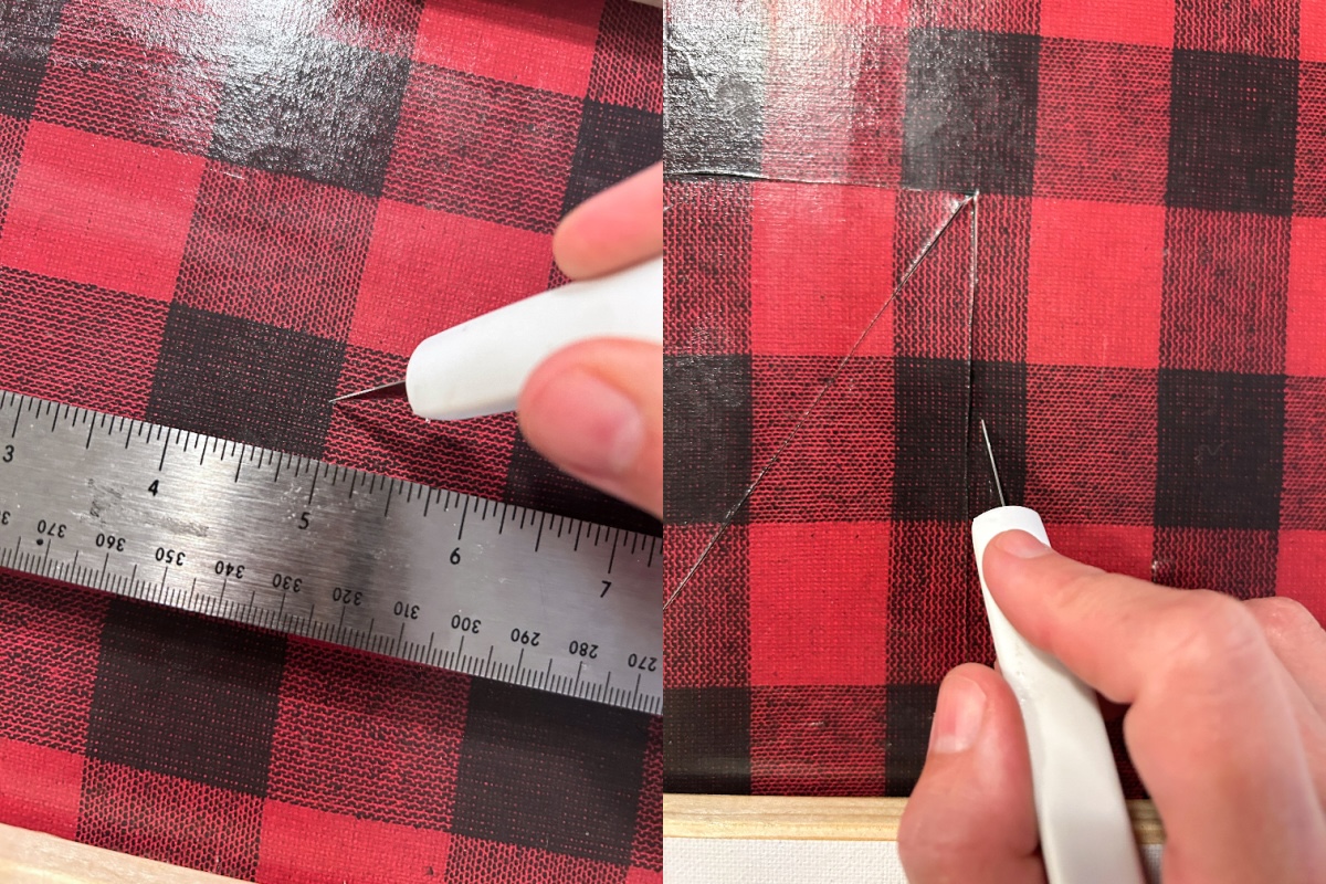 cutting into the back of the canvas with a craft knife